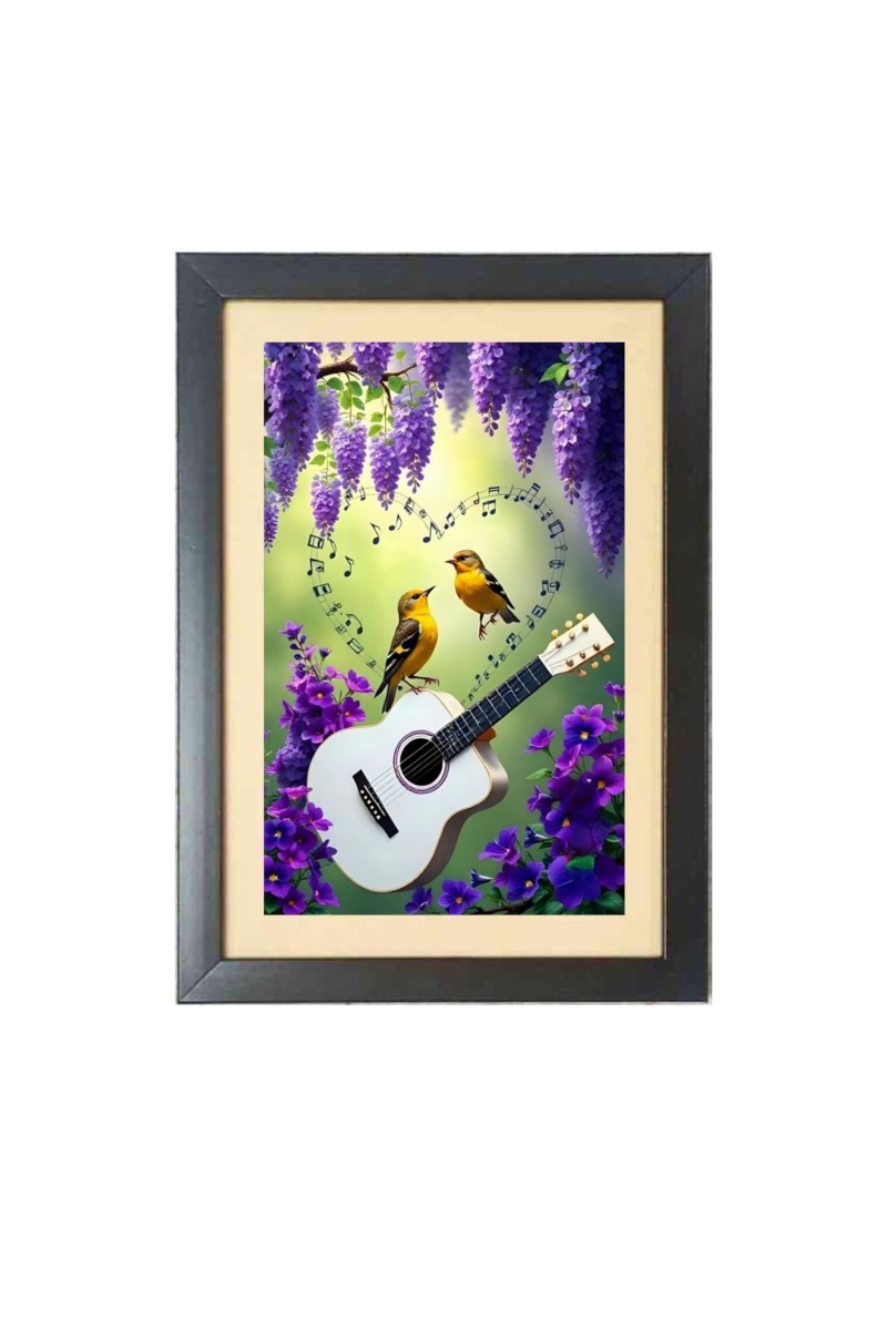 Two cute birds are playing a guiter  Photo Frame Funny Animal and Bird Cartoon Art, Black color, 11x15 Inch