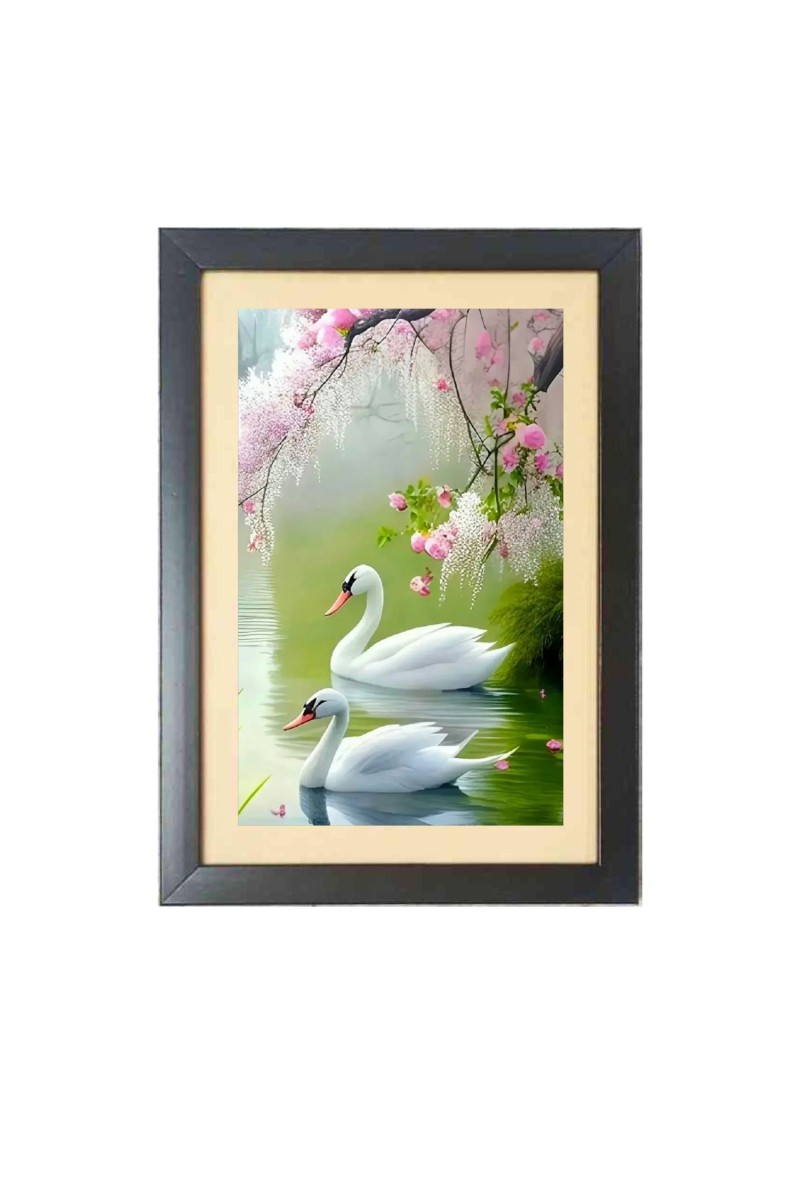 Two beautiful swans  Photo Frame Funny Animal and Bird Cartoon Art, Black color, 11x15 Inch