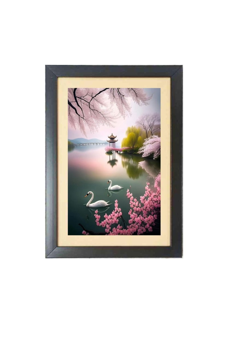 Two beautiful swans gracefully gliding in lovely nature  Photo Frame Funny Animal and Bird Cartoon Art, Black color, 11x15 Inch