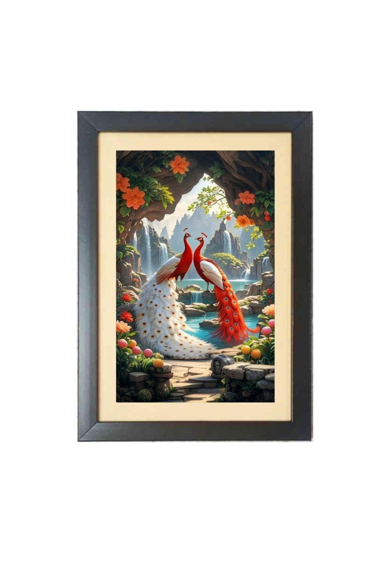 The orange color peacocks  Photo Frame Funny Animal and Bird Cartoon Art, Black color, 11x15 Inch