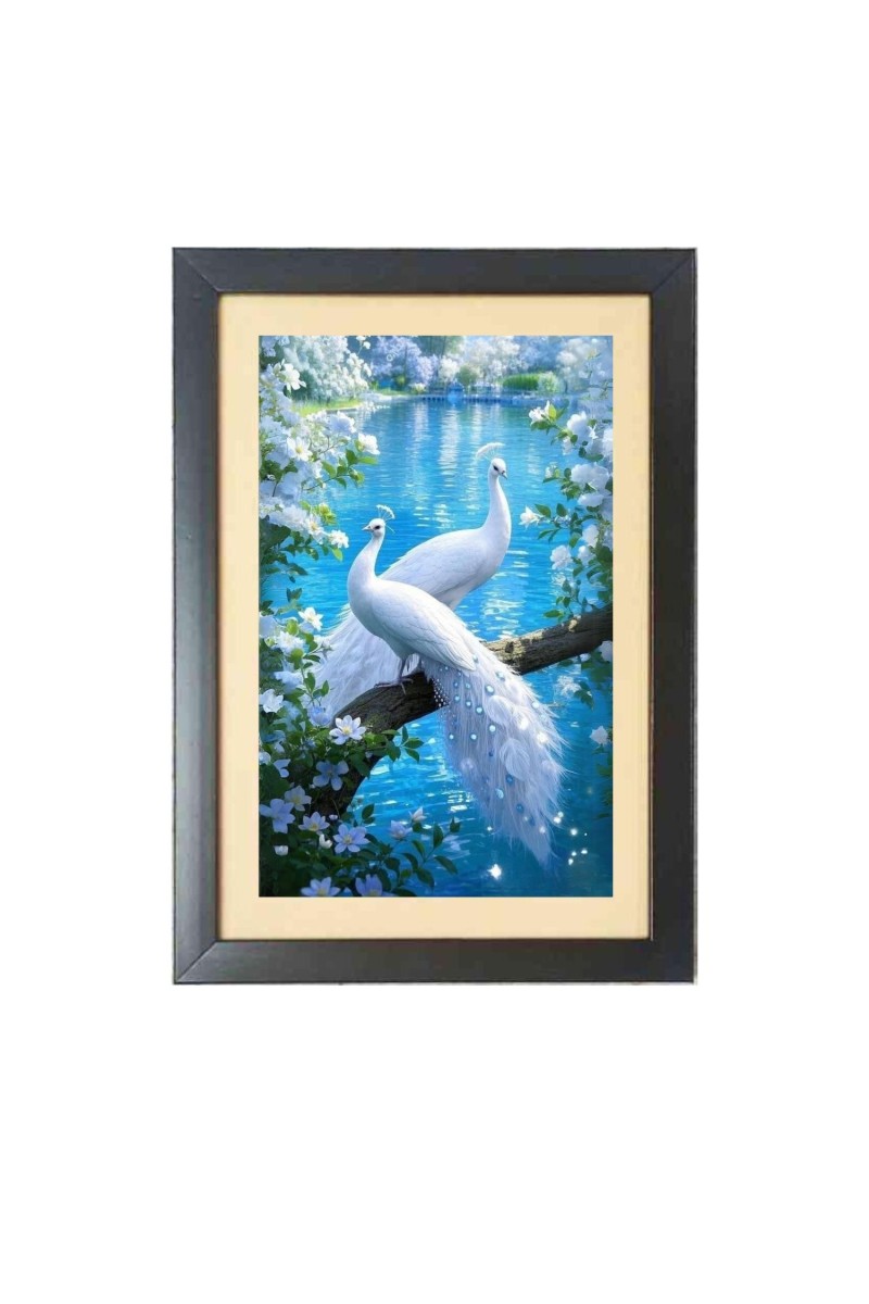 The two lovely white peacocks  Photo Frame Funny Animal and Bird Cartoon Art, Black color, 11x15 Inch