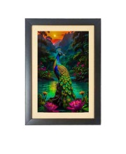 The colorful peacock  Photo Frame Funny Animal and Bird Cartoon Art, Black color, 11x15 Inch