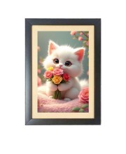 The cute cat is holding flowers  Photo Frame Funny Animal and Bird Cartoon Art, Black color, 11x15 Inch