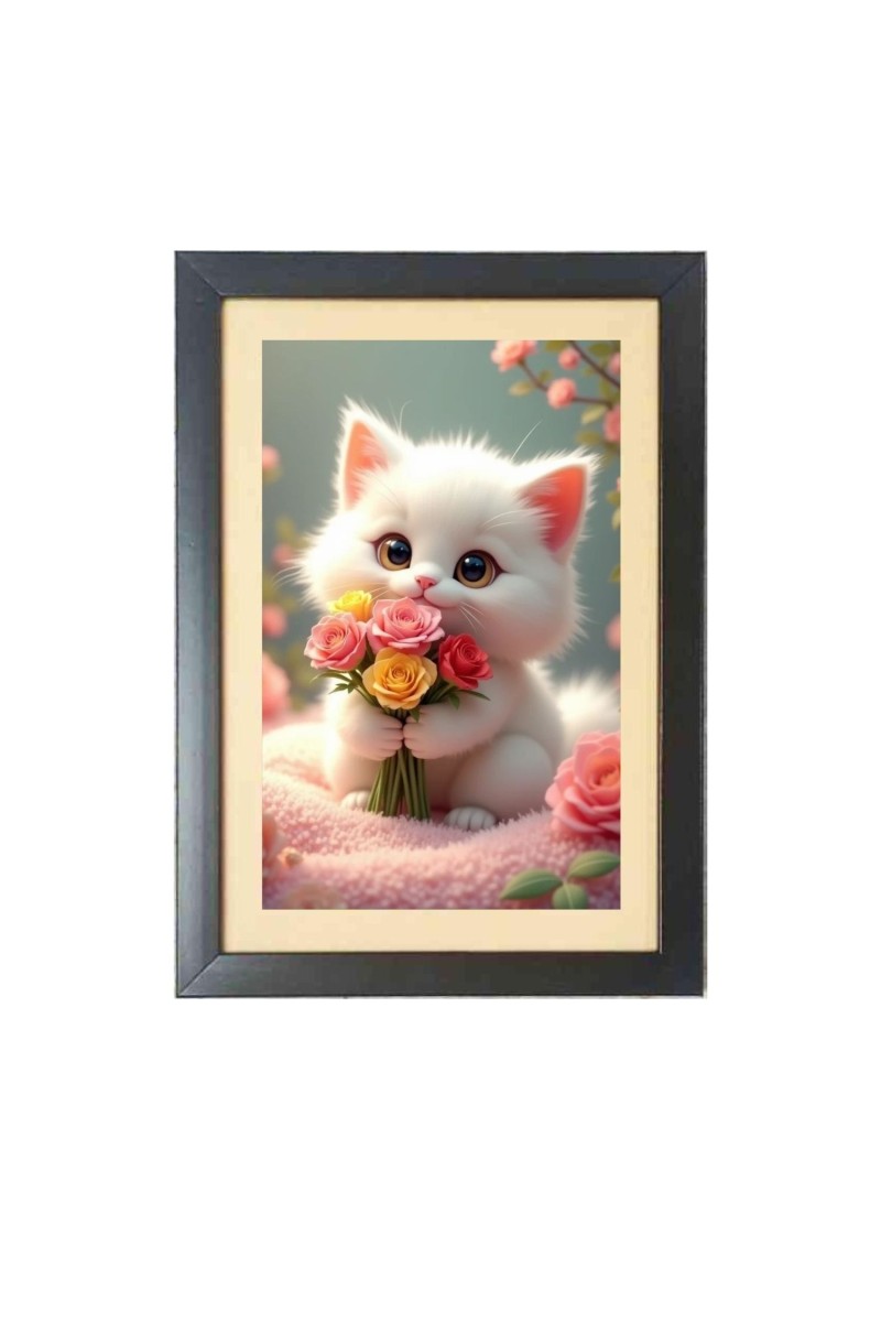 The cute cat is holding flowers  Photo Frame Funny Animal and Bird Cartoon Art, Black color, 11x15 Inch