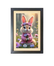 The cute rabbit is holding flowers  Photo Frame Funny Animal and Bird Cartoon Art, Black color, 11x15 Inch