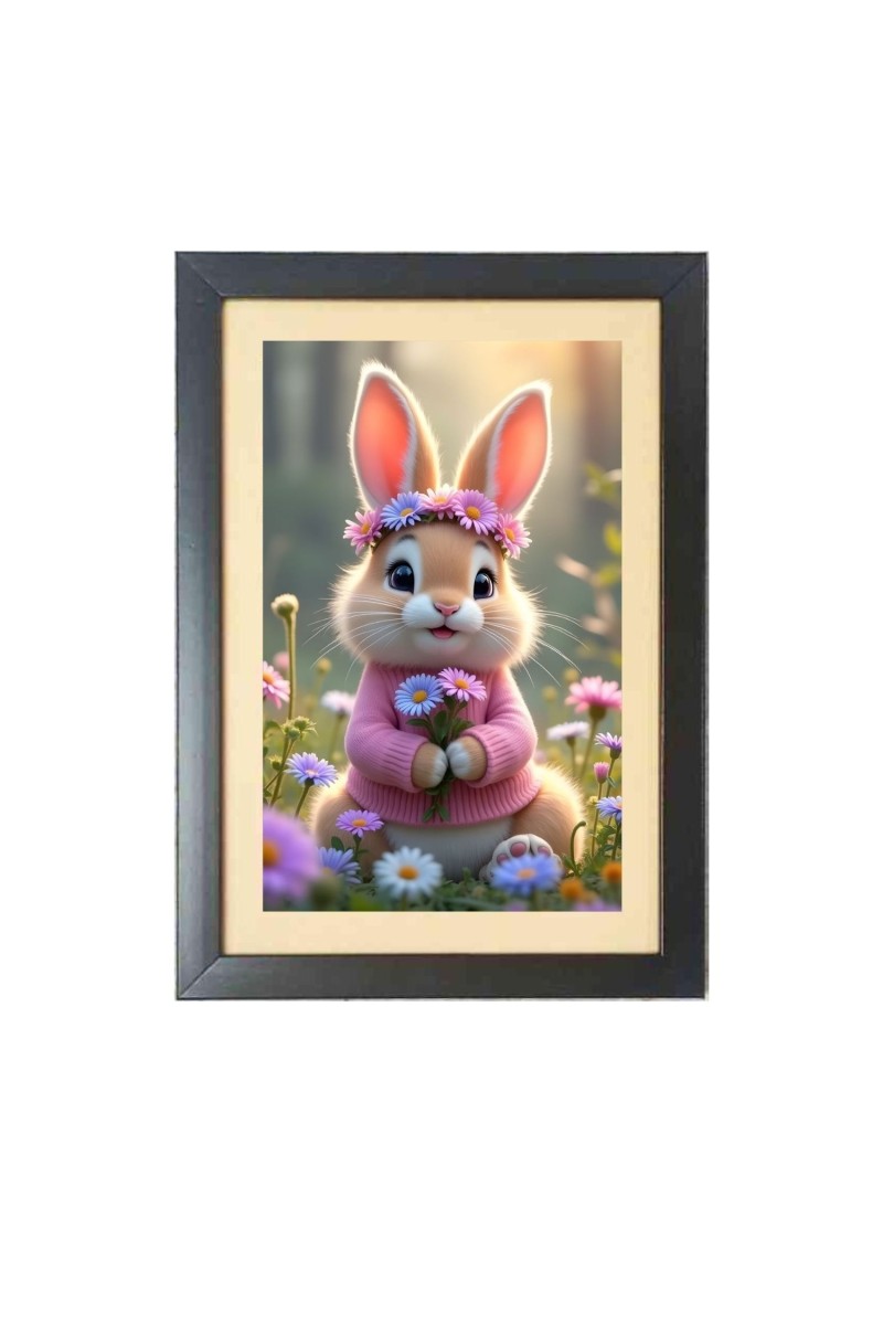 The cute rabbit is holding flowers  Photo Frame Funny Animal and Bird Cartoon Art, Black color, 11x15 Inch