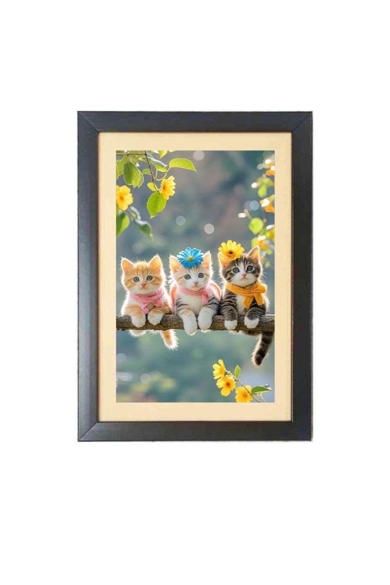 Three lovely cats are sitting on the branch  Photo Frame Funny Animal and Bird Cartoon Art, Black color, 11x15 Inch