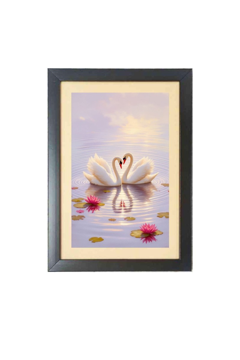 Two lovely swans in the lake  Photo Frame Funny Animal and Bird Cartoon Art, Black color, 11x15 Inch