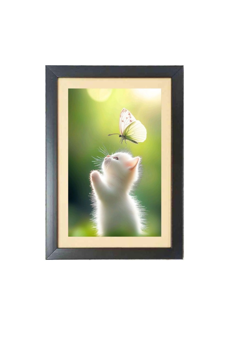 the cute white cat is catching butterfly  Photo Frame Funny Animal and Bird Cartoon Art, Black color, 11x15 Inch