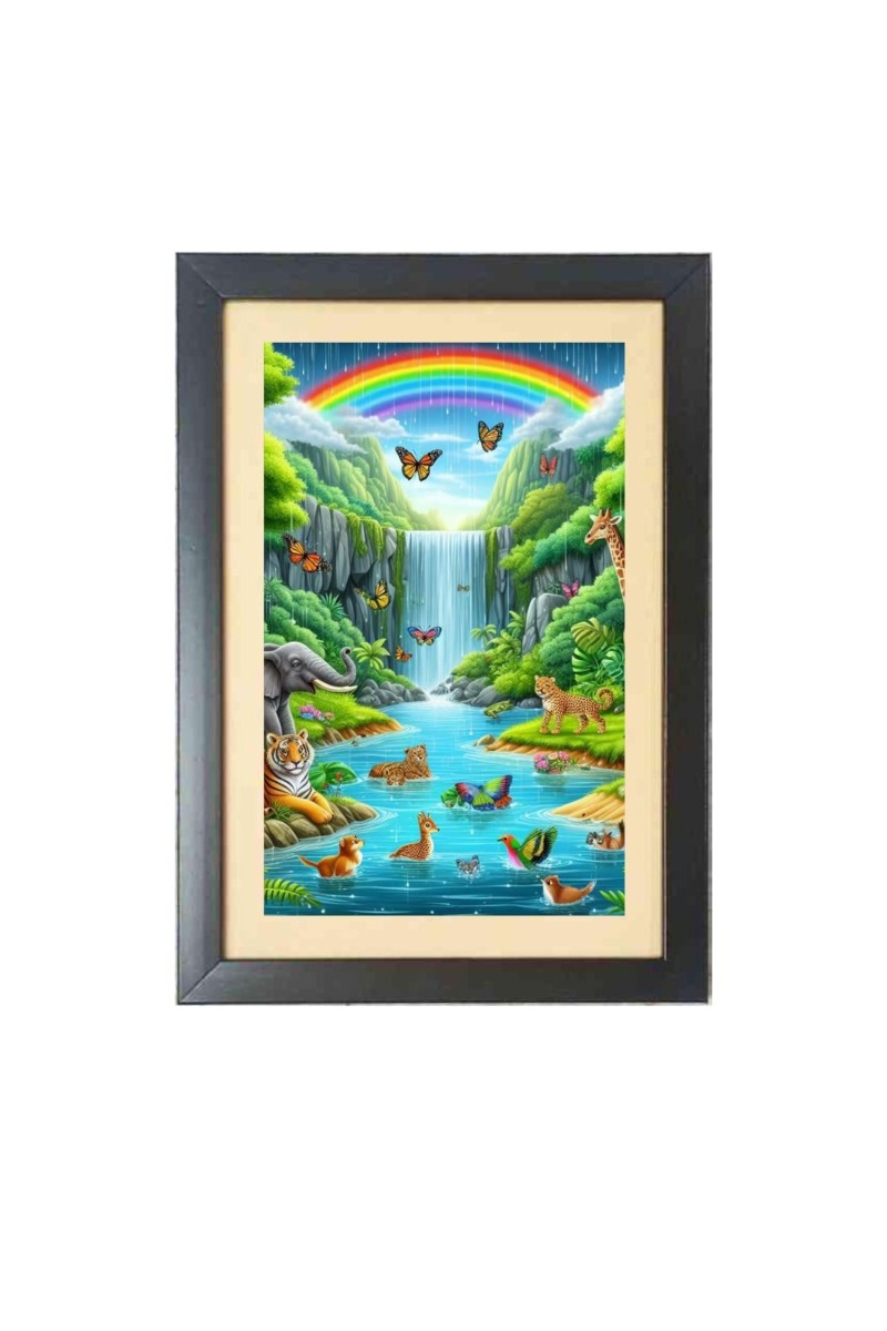 Animals and birds in rainbow  Photo Frame Funny Animal and Bird Cartoon Art, Black color, 11x15 Inch