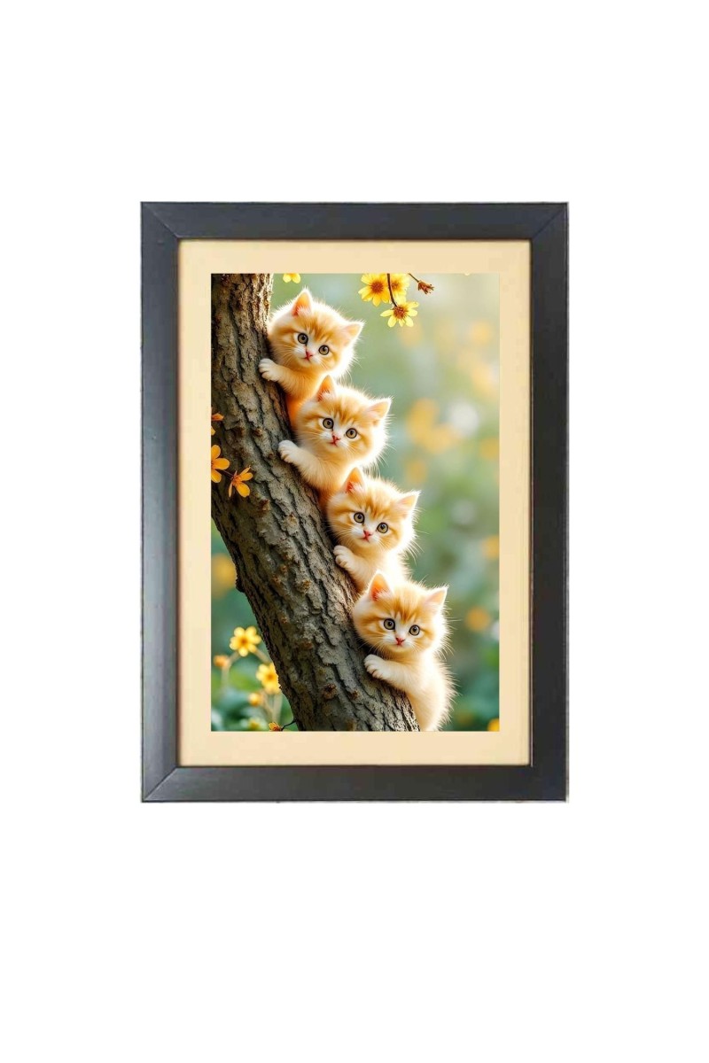 Four cute cats are holding tree  Photo Frame Funny Animal and Bird Cartoon Art, Black color, 11x15 Inch