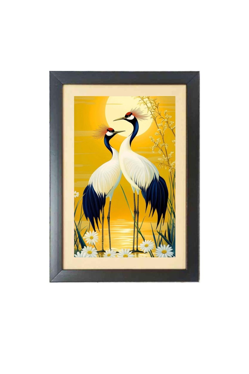 Two birds standing next to each other infront of the sun and water with daisies  Photo Frame Funny Animal and Bird Cartoon Art, Black color, 11x15 Inch
