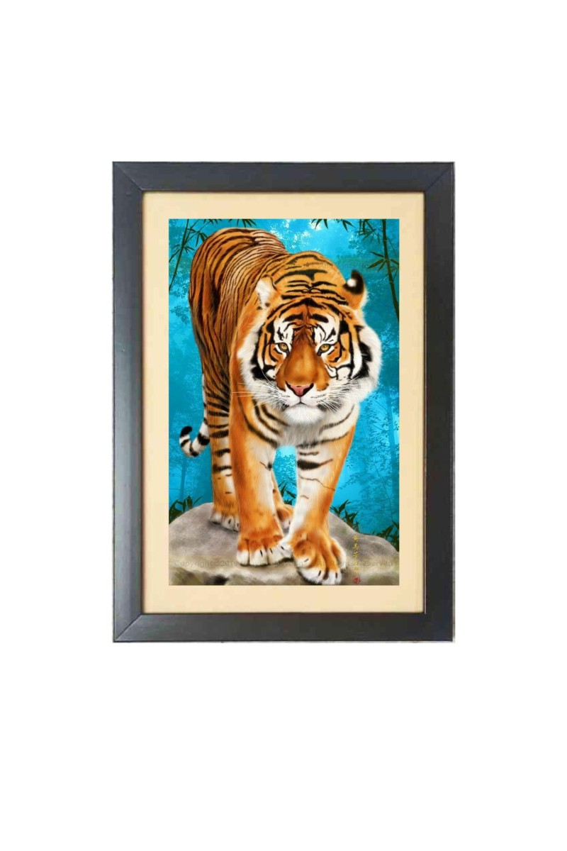 The wild tiger  Photo Frame Funny Animal and Bird Cartoon Art, Black color, 11x15 Inch