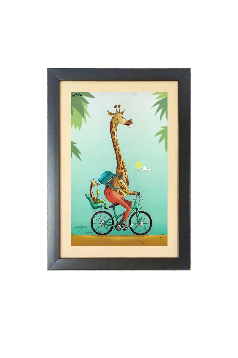 The cartoon animal is riding a bicycle  Photo Frame Funny Animal and Bird Cartoon Art, Black color, 11x15 Inch