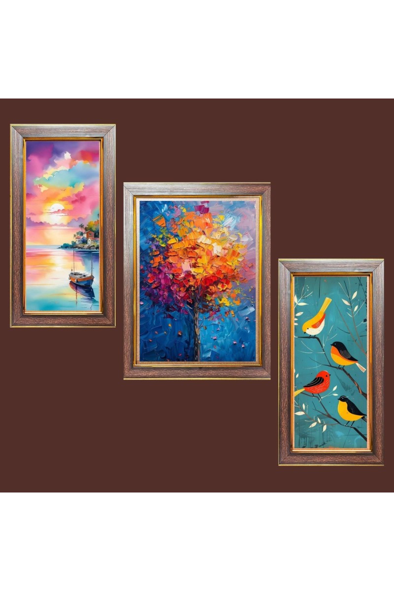 3-Pack Tree and birds painting Photo Frames - 2 Pieces 6x13 Inch & 1 Piece 10x13 Inch - Rustic Wall Art for Home & Office Decor - Botanical Wall Hanging for Living Room, Bedroom, or Wor