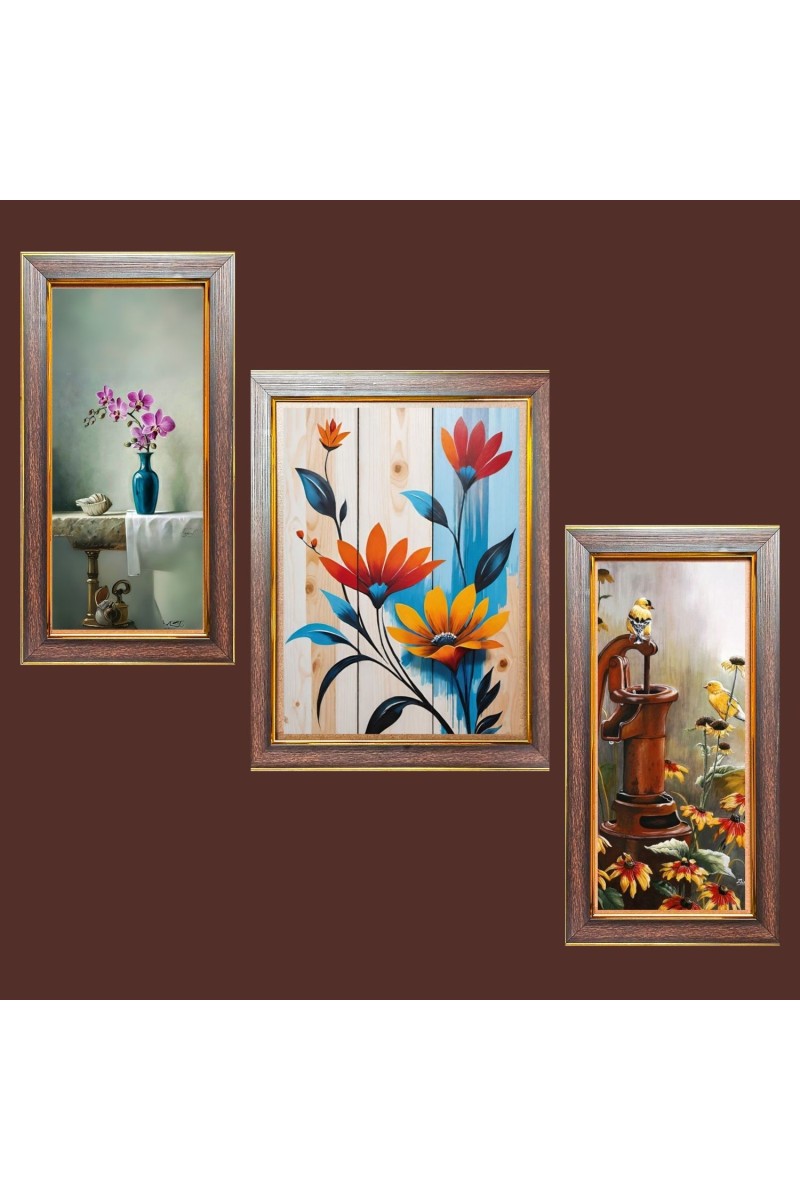 3-Pack Beautiful flower paintings Photo Frames - 2 Pieces 6x13 Inch & 1 Piece 10x13 Inch - Rustic Wall Art for Home & Office Decor - Botanical Wall Hanging for Living Room, Bedroom, or 