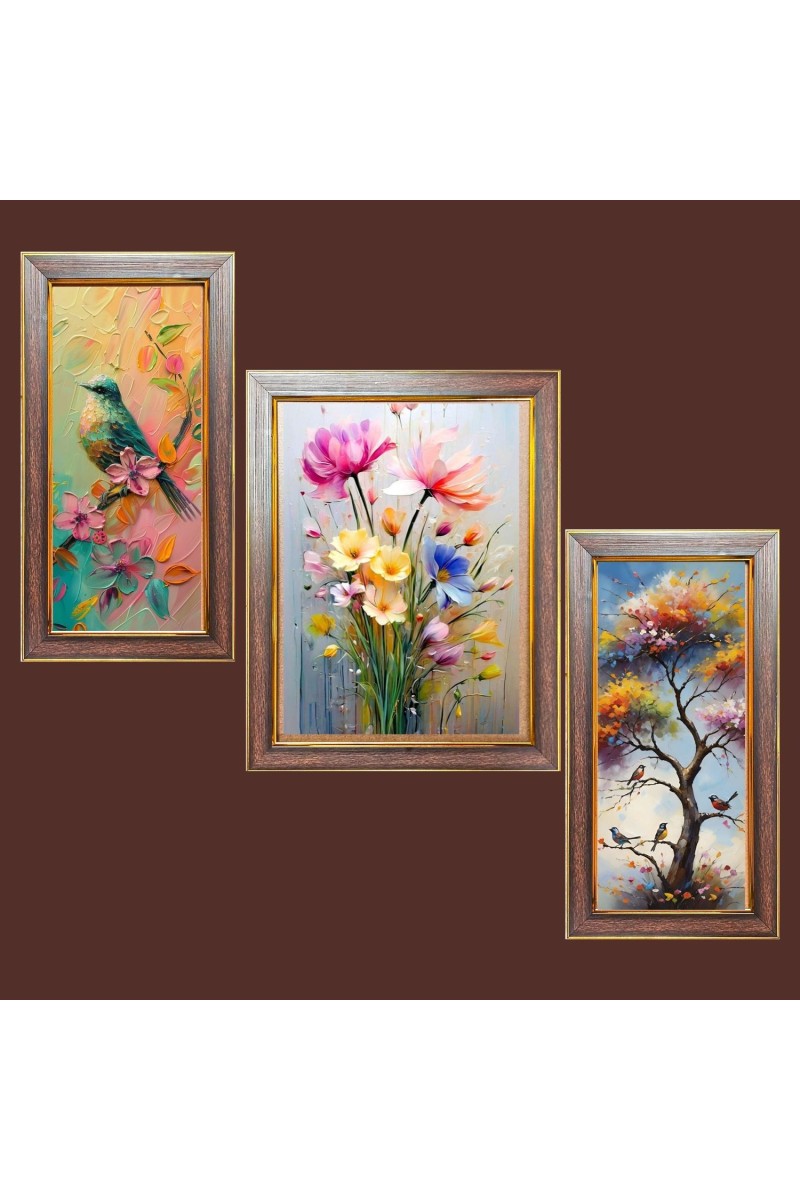 3-Pack Beautiful flowers and tree painting Photo Frames - 2 Pieces 6x13 Inch & 1 Piece 10x13 Inch - Rustic Wall Art for Home & Office Decor - Botanical Wall Hanging for Living Room, Bed