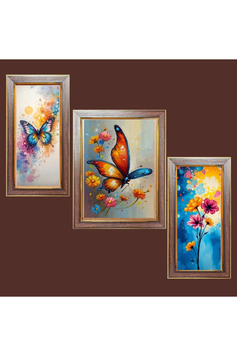 3-Pack Butterflies and flowers painting Photo Frames - 2 Pieces 6x13 Inch & 1 Piece 10x13 Inch - Rustic Wall Art for Home & Office Decor - Botanical Wall Hanging for Living Room, Bedroo