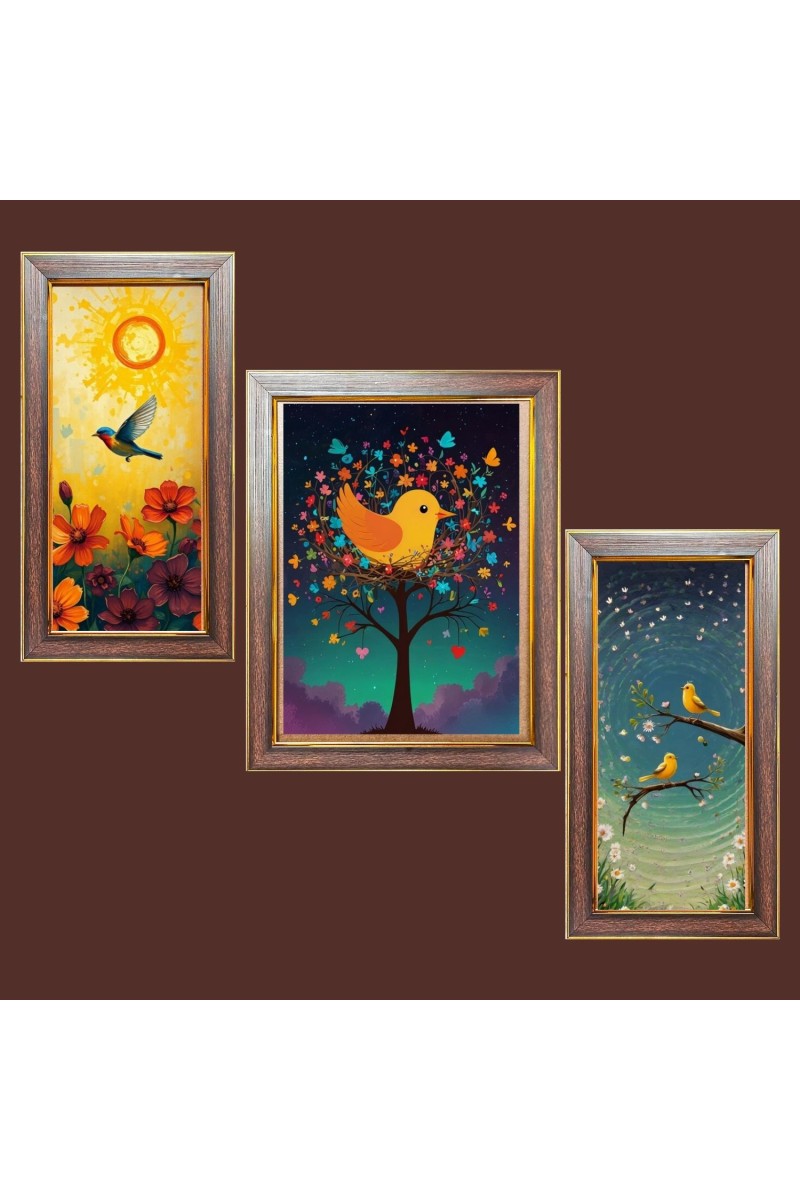 3-Pack Cute birds painting Photo Frames - 2 Pieces 6x13 Inch & 1 Piece 10x13 Inch - Rustic Wall Art for Home & Office Decor - Botanical Wall Hanging for Living Room, Bedroom, or Workspa