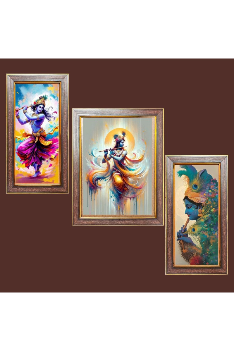 3-Pack Lord Sri Krishna painting Photo Frames - 2 Pieces 6x13 Inch & 1 Piece 10x13 Inch - Rustic Wall Art for Home & Office Decor - Botanical Wall Hanging for Living Room, Bedroom, or W