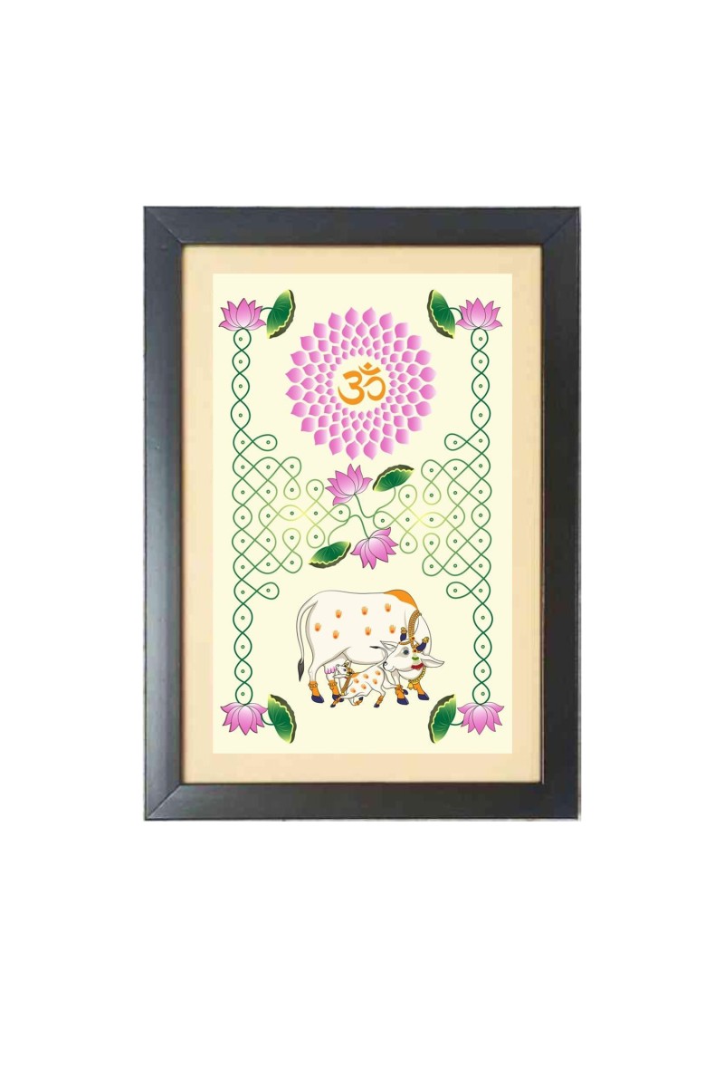Beautiful Beautiful Cow and Lotus Pichwai Photo Frame - 11x15 Inch Black 1-Inch Frame with Mount Paper - Perfect for Home Decor, Living Room & Office