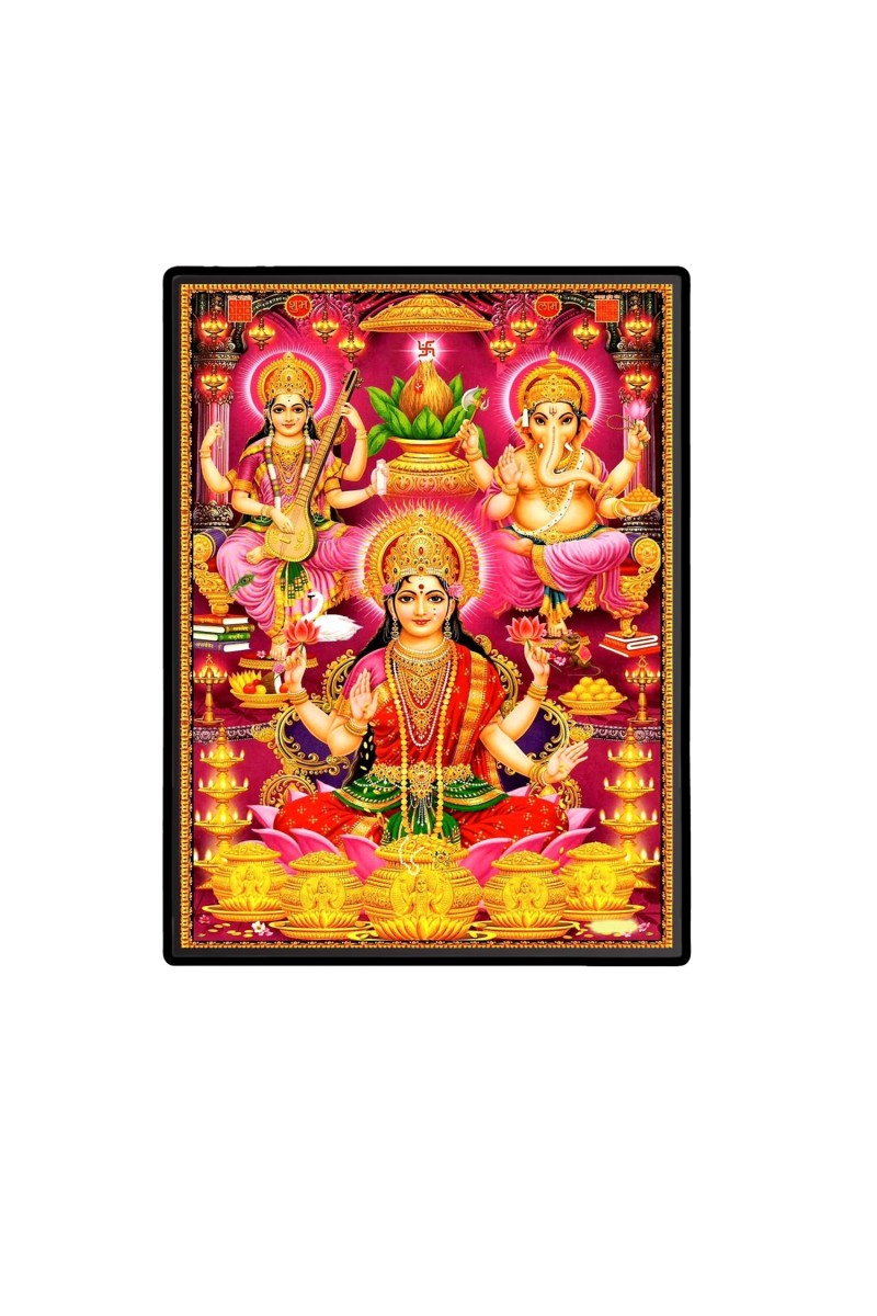 Maa Lakshmi Maa Saraswati & Ganesha  Laminated Photo  - 5x7 Inches, Divine Blessings for Home & Office and Temple Decoration