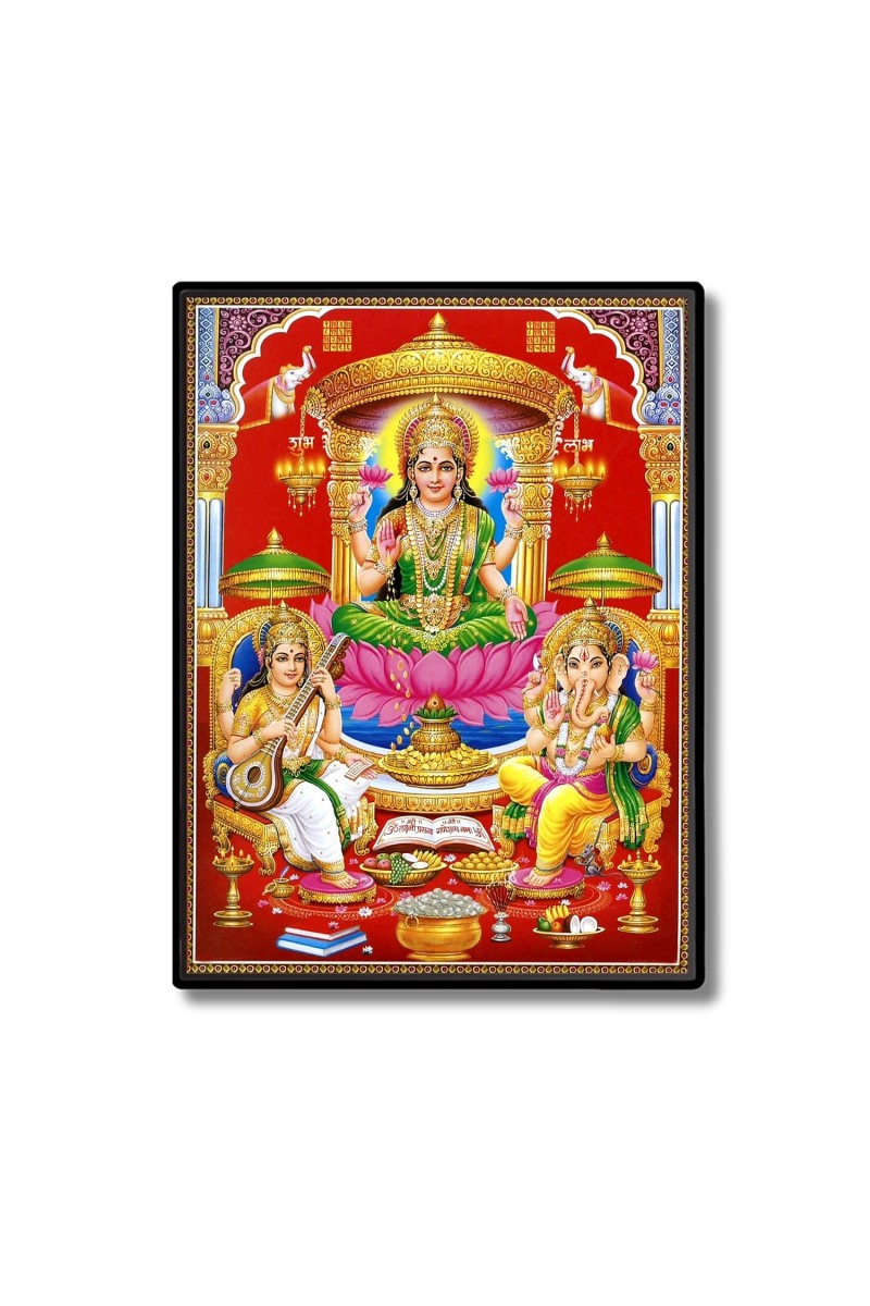 Maa Lakshmi Maa Saraswati & Lord Ganesh Laminated Photo  - 5x7 Inches, Divine Blessings for Home & Office and Temple Decoration