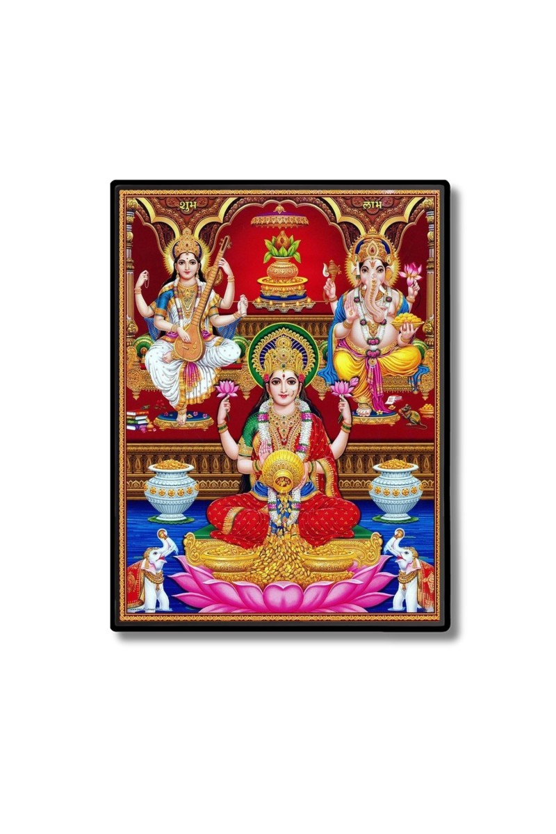 Maa Lakshmi Maa Saraswati & Lord Ganesh Laminated Photo  - 5x7 Inches, Divine Blessings for Home & Office and Temple Decoration
