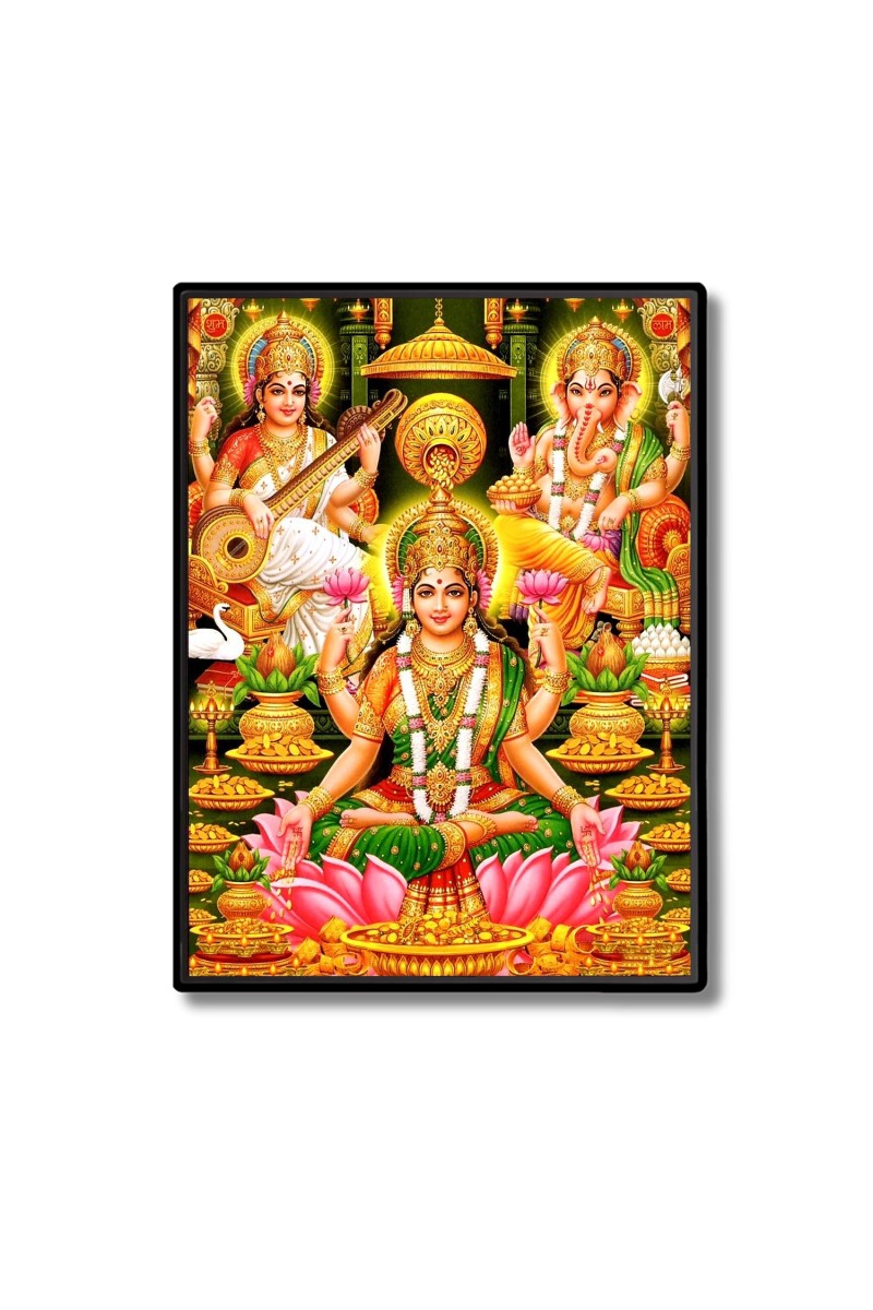Maa Lakshmi Maa Saraswati & Lord Ganesh Laminated Photo  - 5x7 Inches, Divine Blessings for Home & Office and Temple Decoration