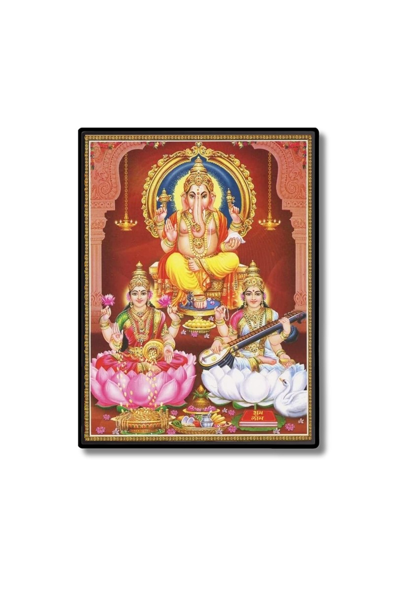 Maa Lakshmi Maa Saraswati & Lord Ganesh Laminated Photo  - 5x7 Inches, Divine Blessings for Home & Office and Temple Decoration