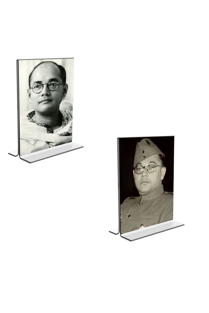 Car Desk/Table Top Netaji Subhas Chandra Bose  Acrylic T-Style Photo Stand - 2.5x3.5 Inches, Compact and Stylish Spiritual Display, easily change  2 photos ( Pack of 1 )