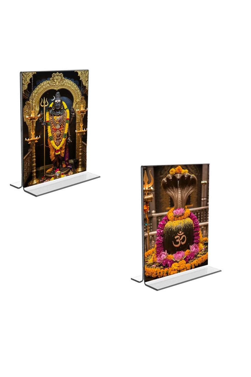 Car Desk/Table Top Lord Shiva & Shiva Lingam  Acrylic T-Style Photo Stand - 2.5x3.5 Inches, Compact and Stylish Spiritual Display, easily change  2 photos ( Pack of 1 )