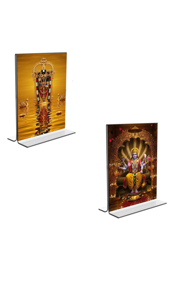Car Desk/Table Top Lord Tirupati Balaji & Lord Vishnu  Acrylic T-Style Photo Stand - 2.5x3.5 Inches, Compact and Stylish Spiritual Display, easily change  2 photos ( Pack of 1 )
