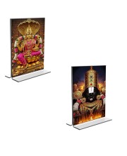 Car Desk/Table Top Lord Tirupati Balaji & Baba Lakhsmi  Acrylic T-Style Photo Stand - 2.5x3.5 Inches, Compact and Stylish Spiritual Display, easily change  2 photos ( Pack of 1 )
