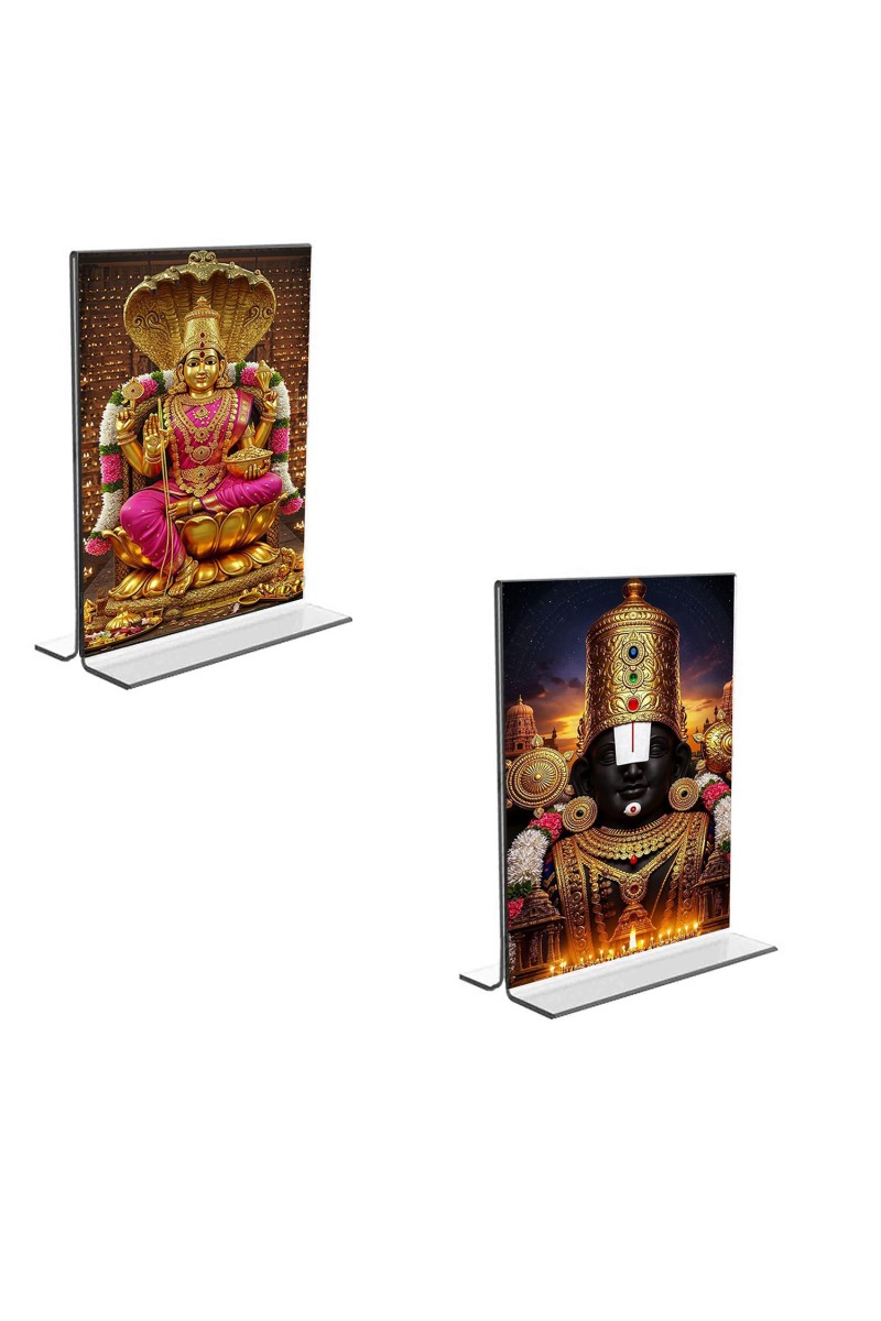 Car Desk/Table Top Lord Tirupati Balaji & Baba Lakhsmi  Acrylic T-Style Photo Stand - 2.5x3.5 Inches, Compact and Stylish Spiritual Display, easily change  2 photos ( Pack of 1 )