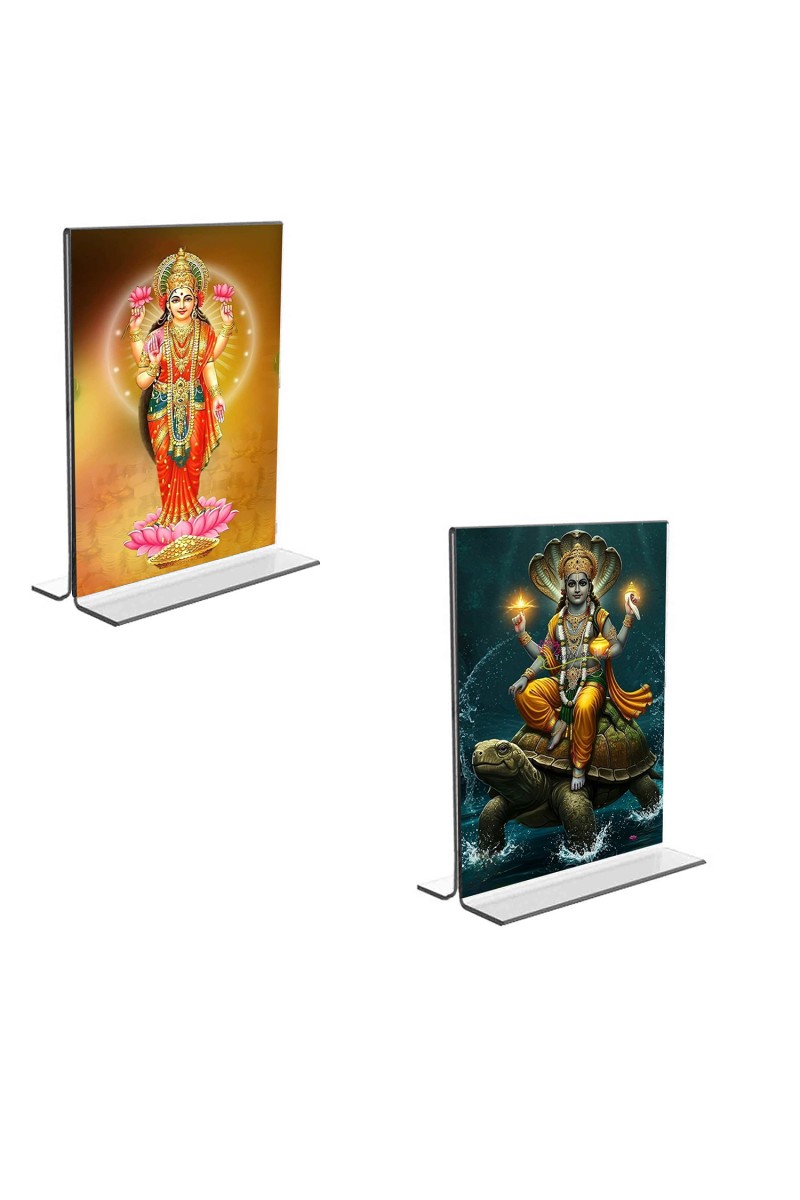 Car Desk/Table Top Lord Vishnu & Baba Lakhsmi Acrylic T-Style Photo Stand - 2.5x3.5 Inches, Compact and Stylish Spiritual Display, easily change  2 photos ( Pack of 1 )