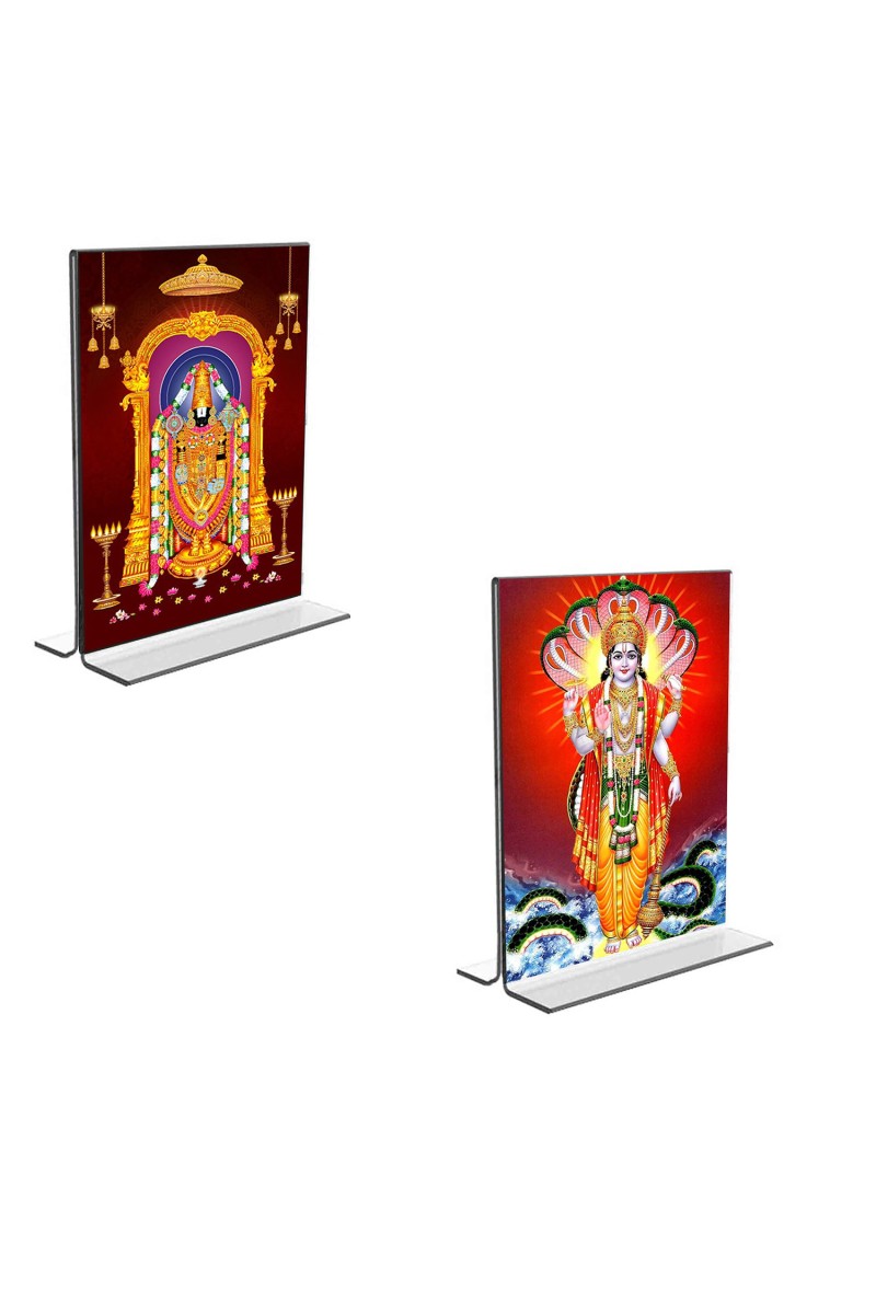 Car Desk/Table Top Lord Tirupati Balaji & Lord Vishnu  Acrylic T-Style Photo Stand - 2.5x3.5 Inches, Compact and Stylish Spiritual Display, easily change  2 photos ( Pack of 1 )