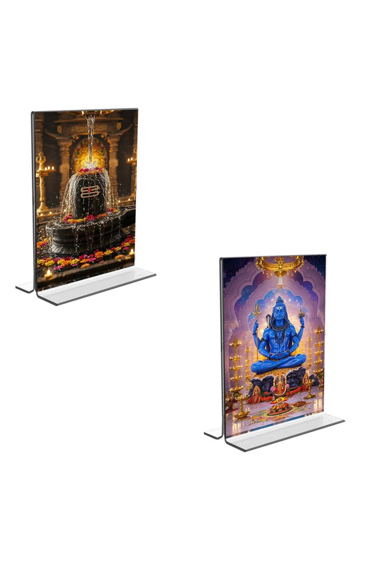 Car Desk/Table Top Lord Shiva & Shiva Lingam  Acrylic T-Style Photo Stand - 2.5x3.5 Inches, Compact and Stylish Spiritual Display, easily change  2 photos ( Pack of 1 )