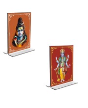 Car Desk/Table Top Lord Shiva & Lord Vishnu  Acrylic T-Style Photo Stand - 2.5x3.5 Inches, Compact and Stylish Spiritual Display, easily change  2 photos ( Pack of 1 )