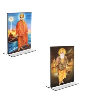 Car Desk/Table Top Swami Vivekananda  & Guru Nanak  Acrylic T-Style Photo Stand - 2.5x3.5 Inches, Compact and Stylish Spiritual Display, easily change  2 photos ( Pack of 1 )