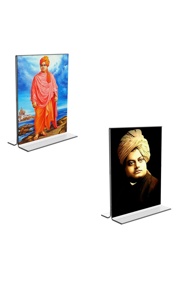 Car Desk/Table Top Swami Vivekananda Acrylic T-Style Photo Stand - 2.5x3.5 Inches, Compact and Stylish Spiritual Display, easily change  2 photos ( Pack of 1 )