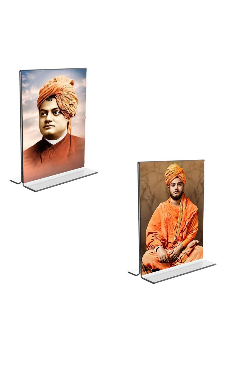 Car Desk/Table Top Swami Vivekananda Acrylic T-Style Photo Stand - 2.5x3.5 Inches, Compact and Stylish Spiritual Display, easily change  2 photos ( Pack of 1 )