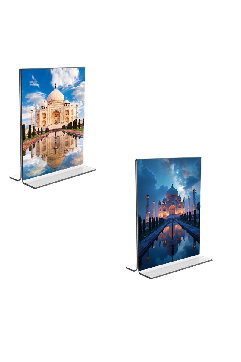 Car Desk/Table Top Taj Mahal  Acrylic T-Style Photo Stand - 2.5x3.5 Inches, Compact and Stylish Spiritual Display, easily change  2 photos ( Pack of 1 )