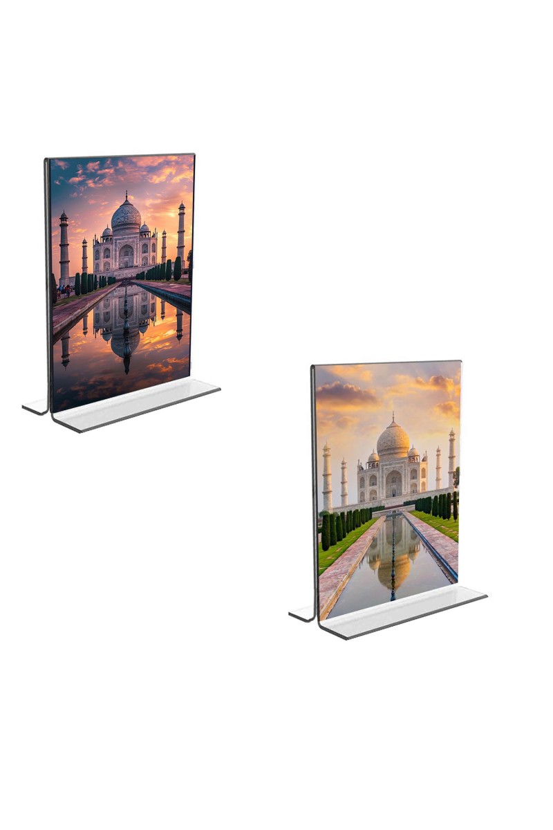 Car Desk/Table Top Taj Mahal  Acrylic T-Style Photo Stand - 2.5x3.5 Inches, Compact and Stylish Spiritual Display, easily change  2 photos ( Pack of 1 )