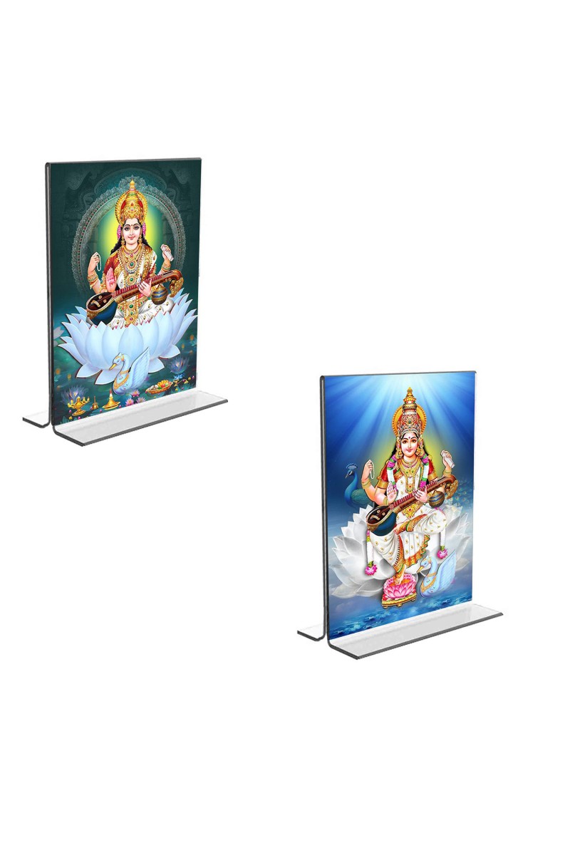 Car Desk/Table Top Maa Saraswati  Acrylic T-Style Photo Stand - 2.5x3.5 Inches, Compact and Stylish Spiritual Display, easily change  2 photos ( Pack of 1 )