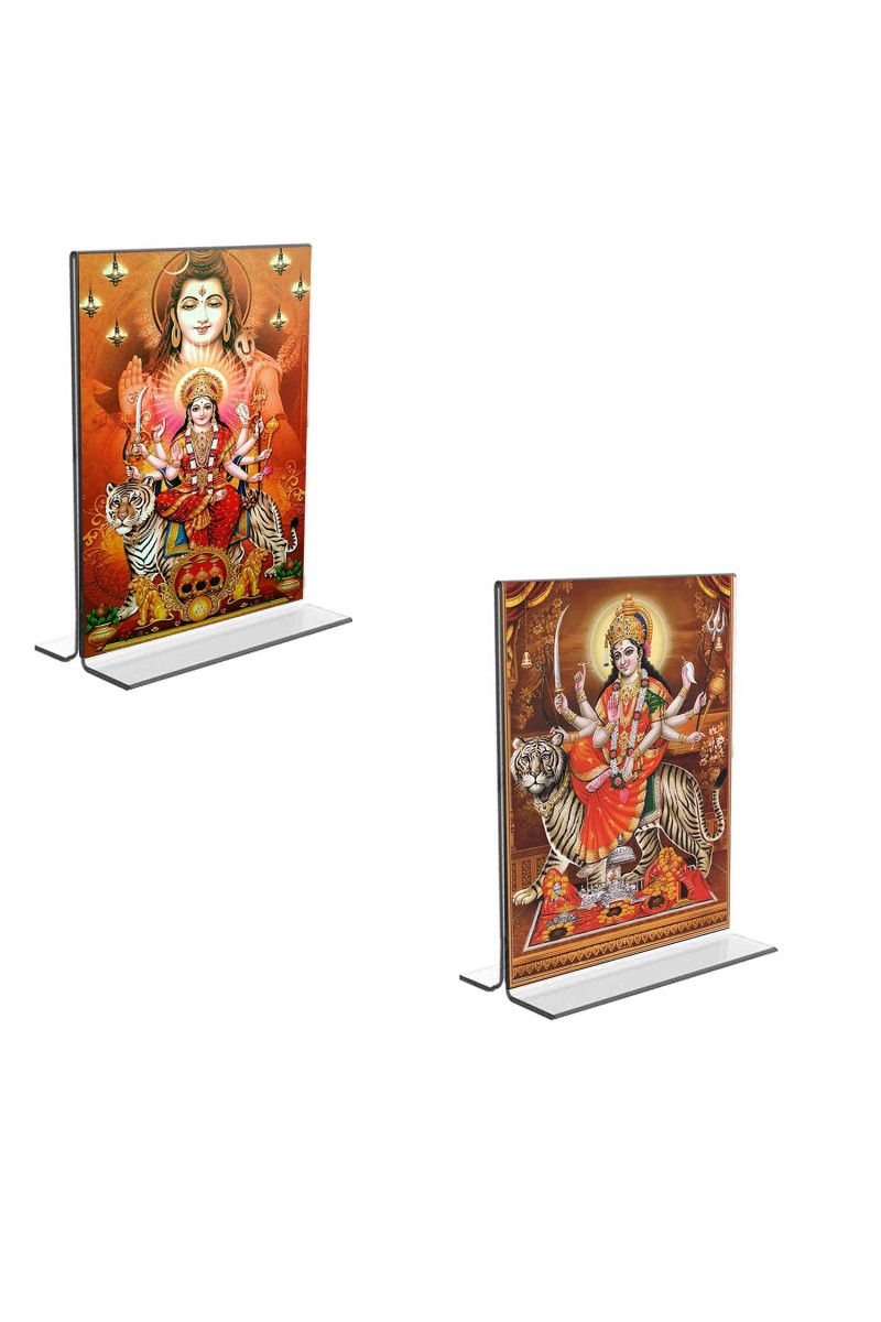 Car Desk/Table Top Lord Shiva & Lord Durga  Acrylic T-Style Photo Stand - 2.5x3.5 Inches, Compact and Stylish Spiritual Display, easily change  2 photos ( Pack of 1 )