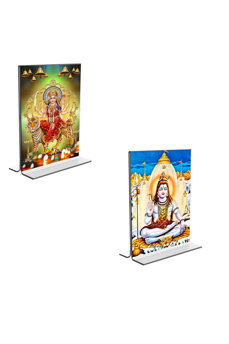 Car Desk/Table Top Lord Shiva & Lord Durga  Acrylic T-Style Photo Stand - 2.5x3.5 Inches, Compact and Stylish Spiritual Display, easily change  2 photos ( Pack of 1 )