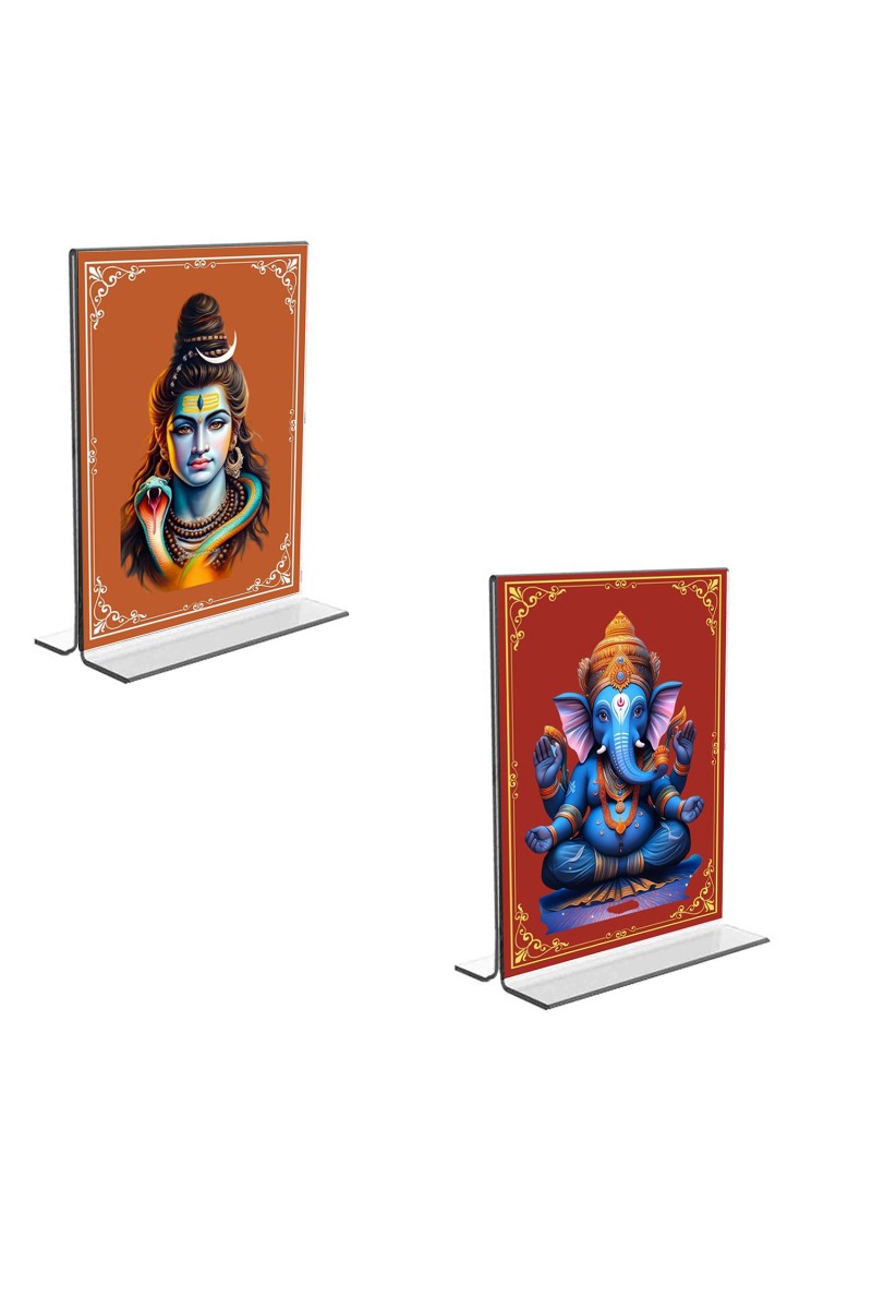Car Desk/Table Top Lord Shiva & Lord Ganesh  Acrylic T-Style Photo Stand - 2.5x3.5 Inches, Compact and Stylish Spiritual Display, easily change  2 photos ( Pack of 1 )
