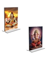Car Desk/Table Top Lord Shiva & Lord Ganesh  Acrylic T-Style Photo Stand - 2.5x3.5 Inches, Compact and Stylish Spiritual Display, easily change  2 photos ( Pack of 1 )