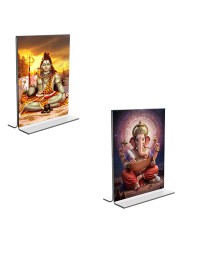 Car Desk/Table Top Lord Shiva & Lord Ganesh  Acrylic T-Style Photo Stand - 2.5x3.5 Inches, Compact and Stylish Spiritual Display, easily change  2 photos ( Pack of 1 )